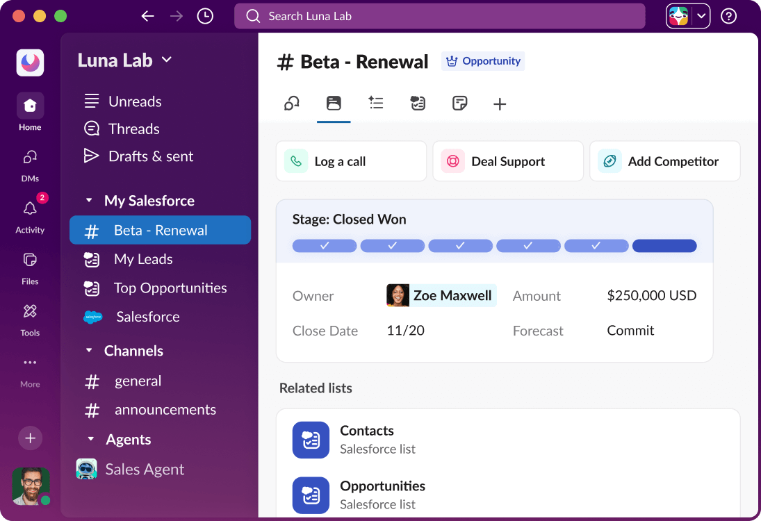 A Salesforce channel in Slack shows a dashboard with data related to an opportunity.