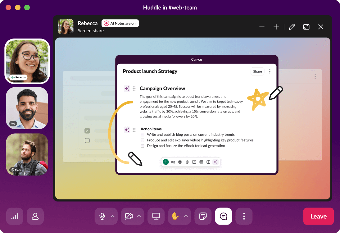 A huddle in Slack shows a presentation for product launch strategy.
