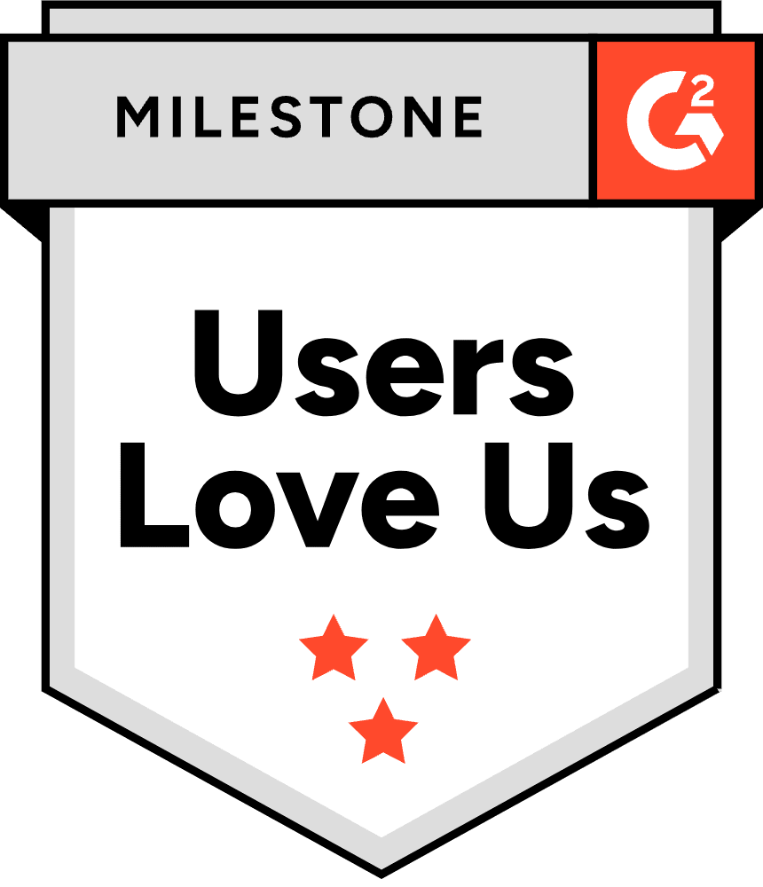 G2 milestone badge with text 'Users Love Us' and three red stars.