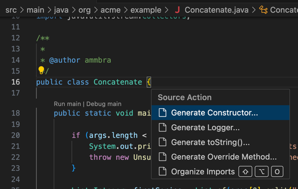 Source action menu