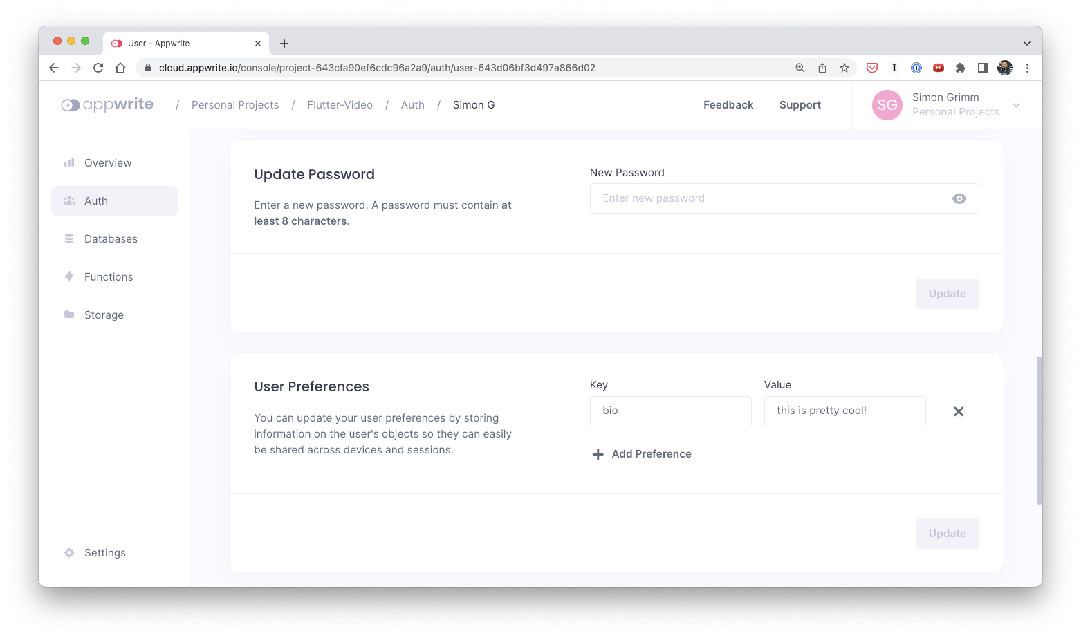 Appwrite user preferences