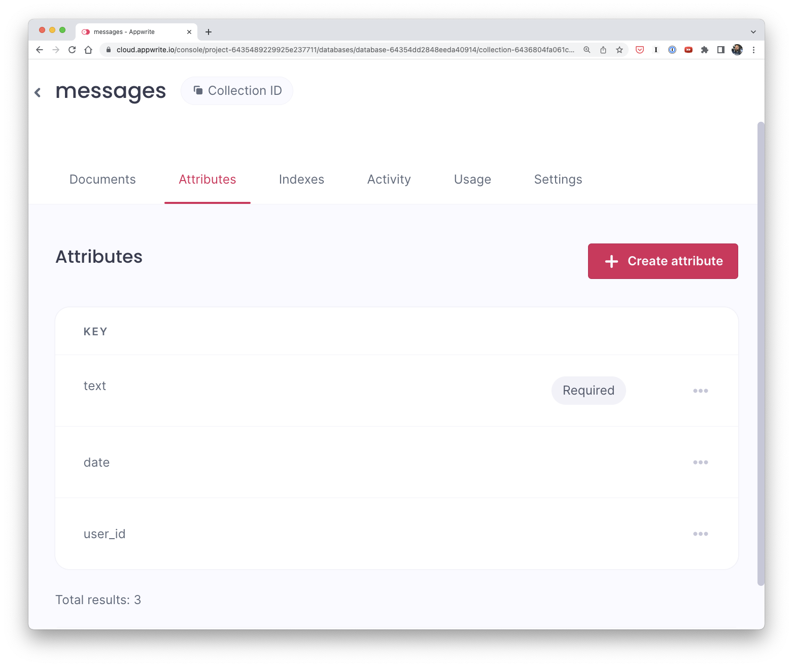 Appwrite collection attributes