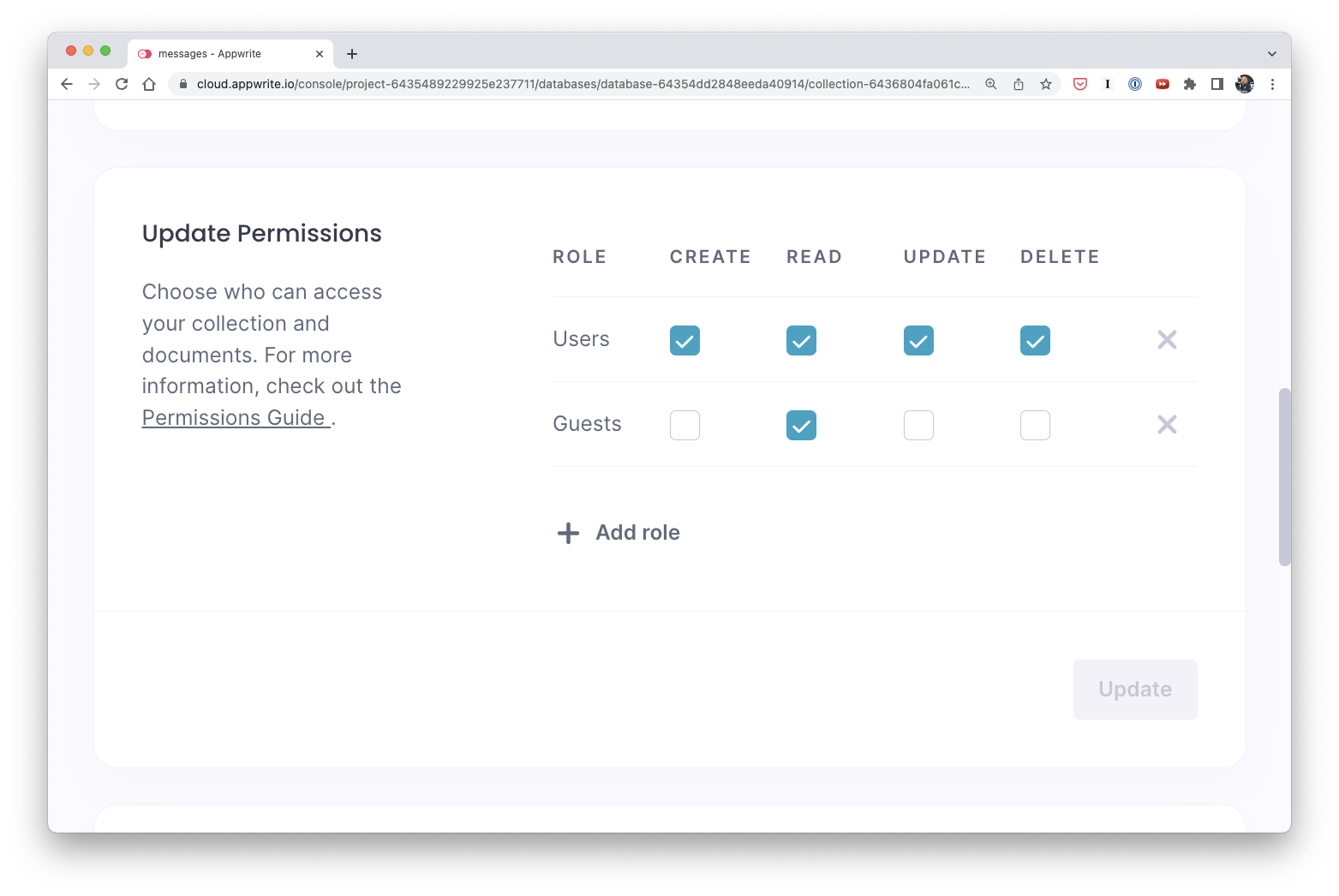 Appwrite collection permissions