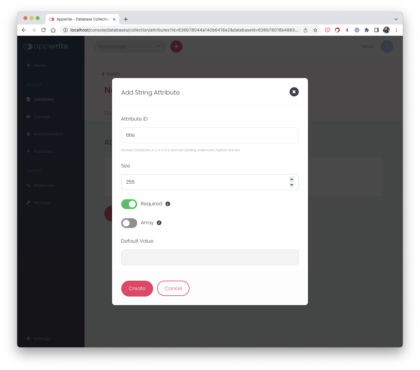 Appwrite collection attributes