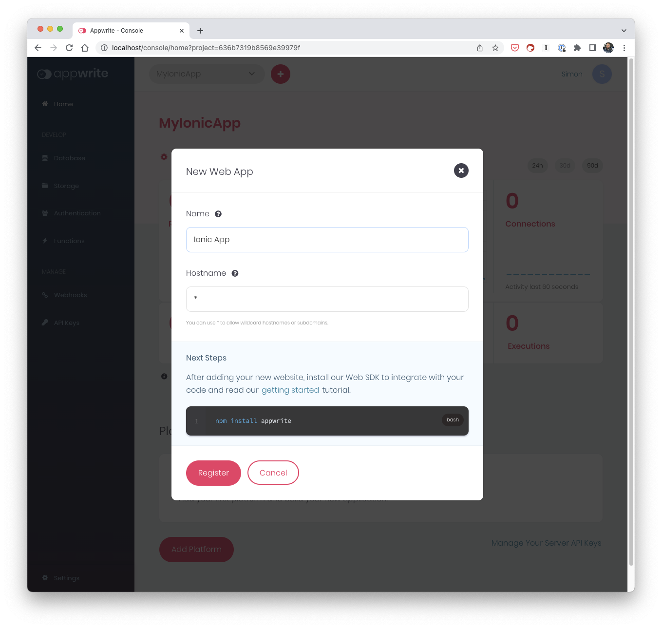 Appwrite register app