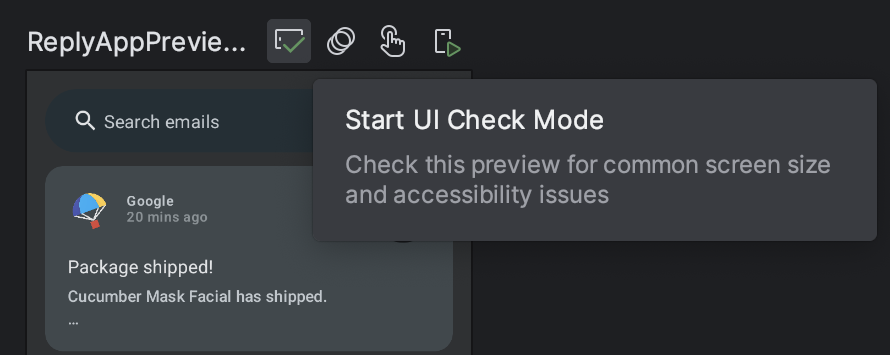 Android Studio, highlighting the button labeled 'Start UI Check Mode'.