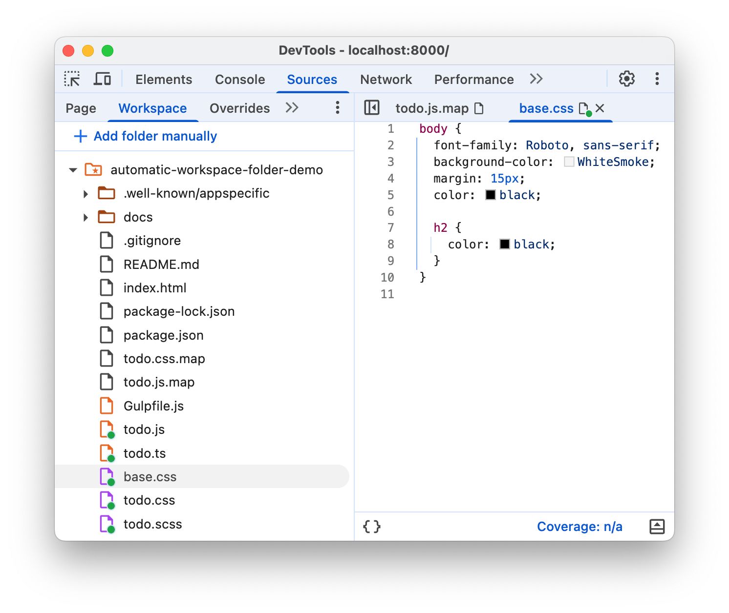 A workspace folder, connected and opened.