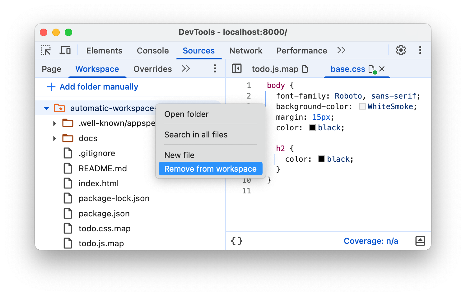 The 'Remove from workspace' option in the drop-sown menu.