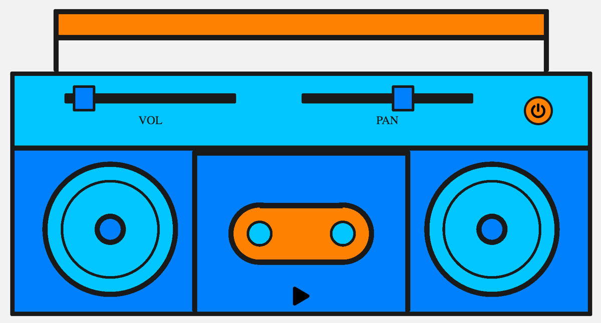 Ein Boombox mit Steuerungen für Wiedergabe, Pan und Lautstärke