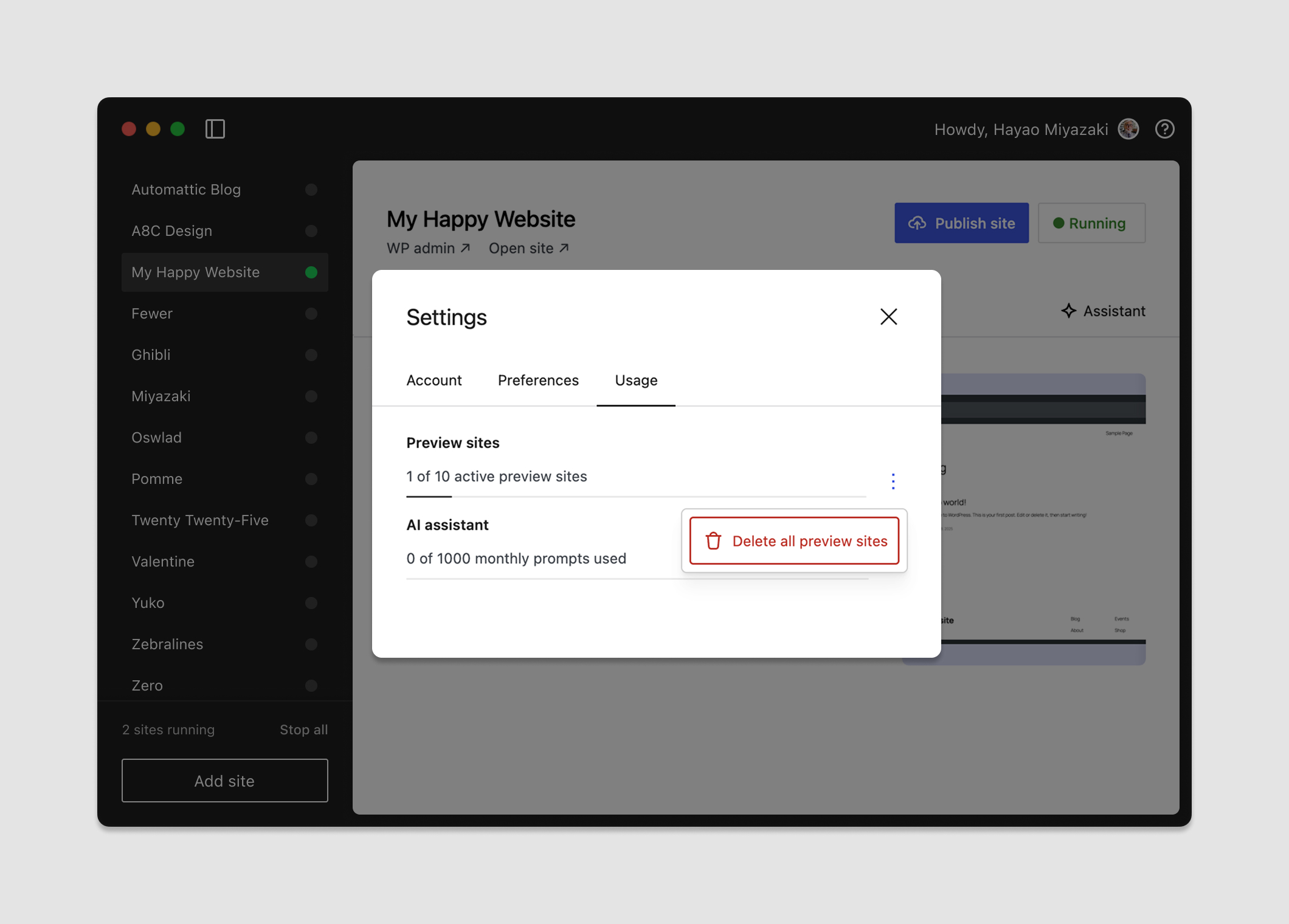 A screenshot depicting the modal that allows you to delete all preview sites in Studio.