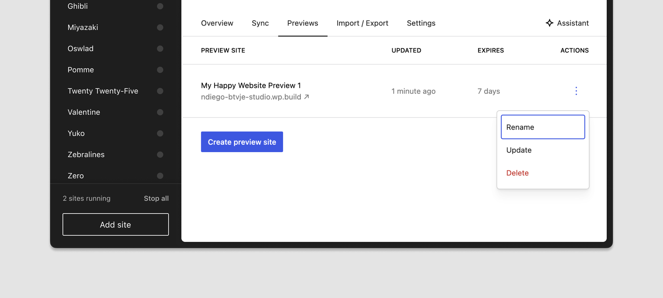 A screenshot depicting the list of preview sites and the popover that allows you to rename each site.