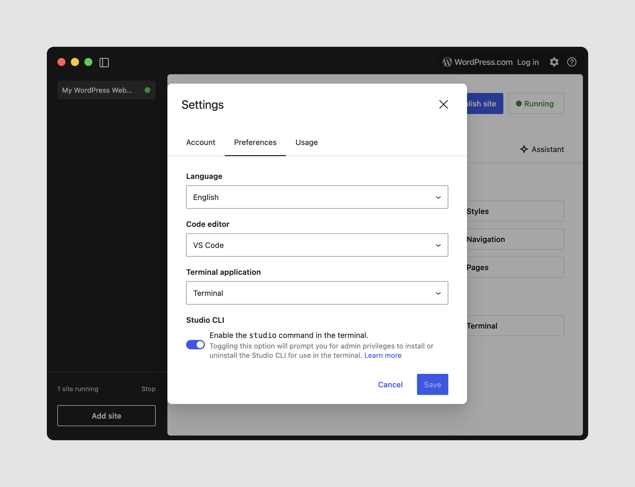 Settings menu in a WordPress application showing options for language, code editor, terminal application, and Studio CLI.