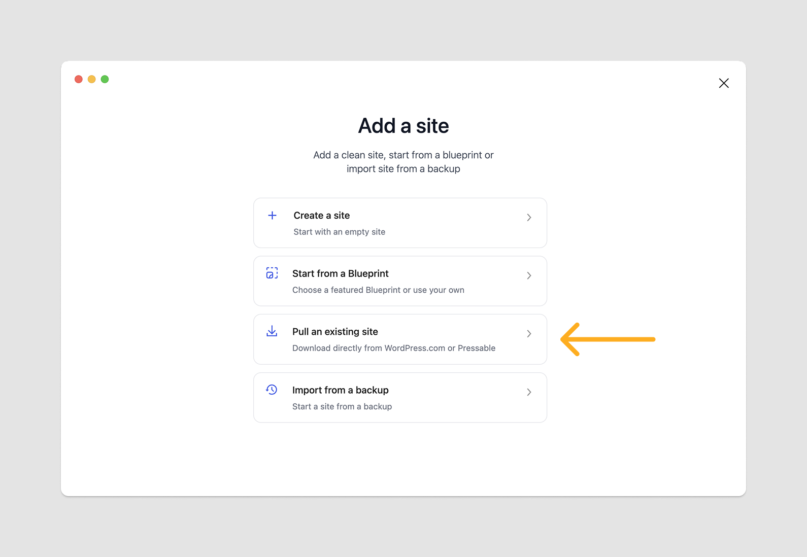 Screenshot of the 'Add a site' interface in WordPress Studio, displaying options to create a new site, start from a Blueprint, pull an existing site, or import from a backup.