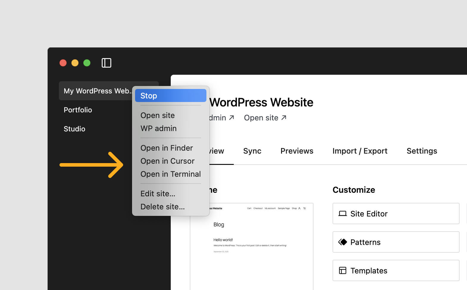 The context menu in Studio 1.6.1.
