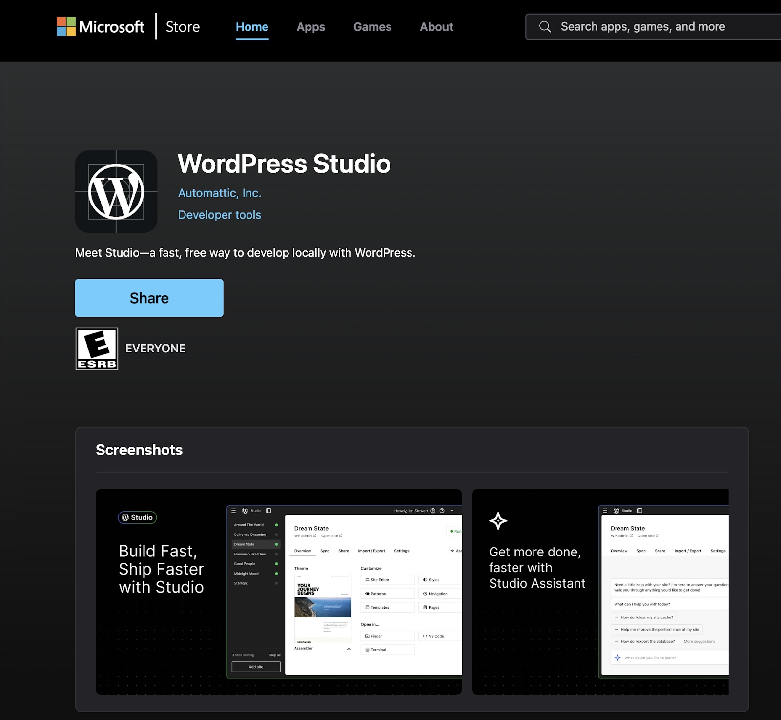 The WordPress Studio listing in the Microsoft Store