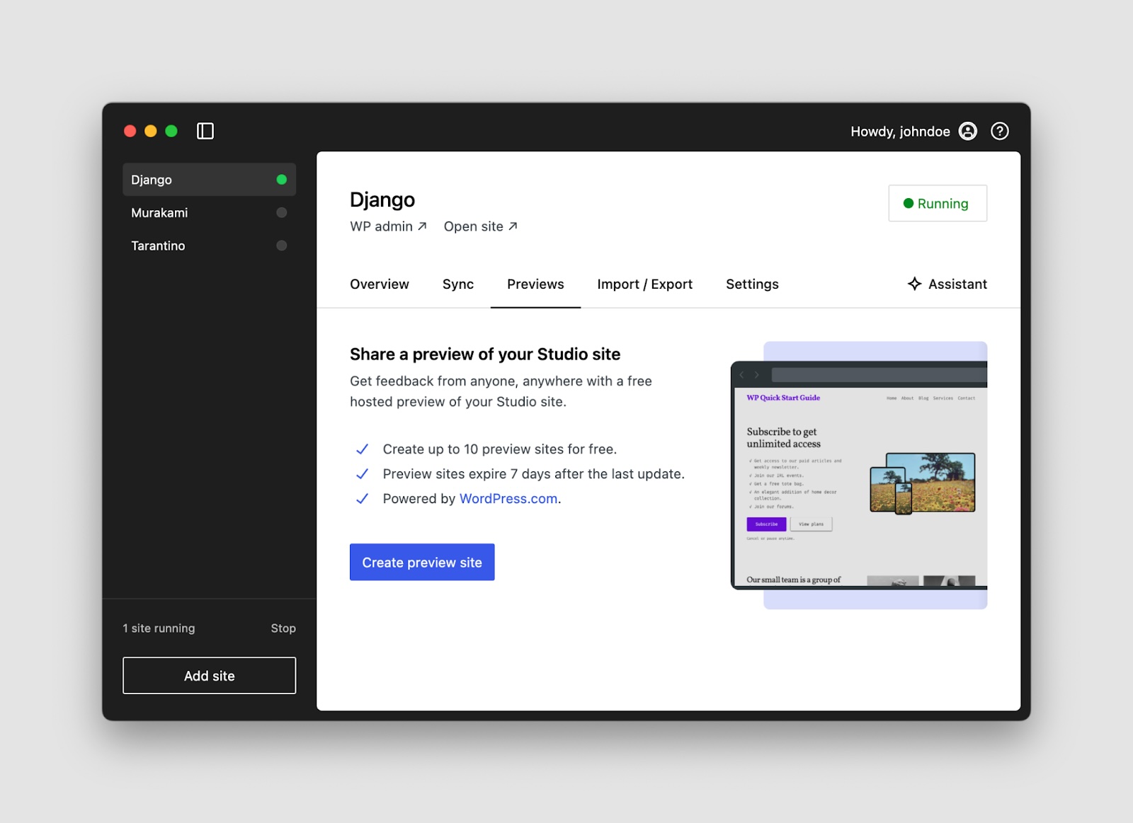 The Preview Sites area on WordPress Studio
