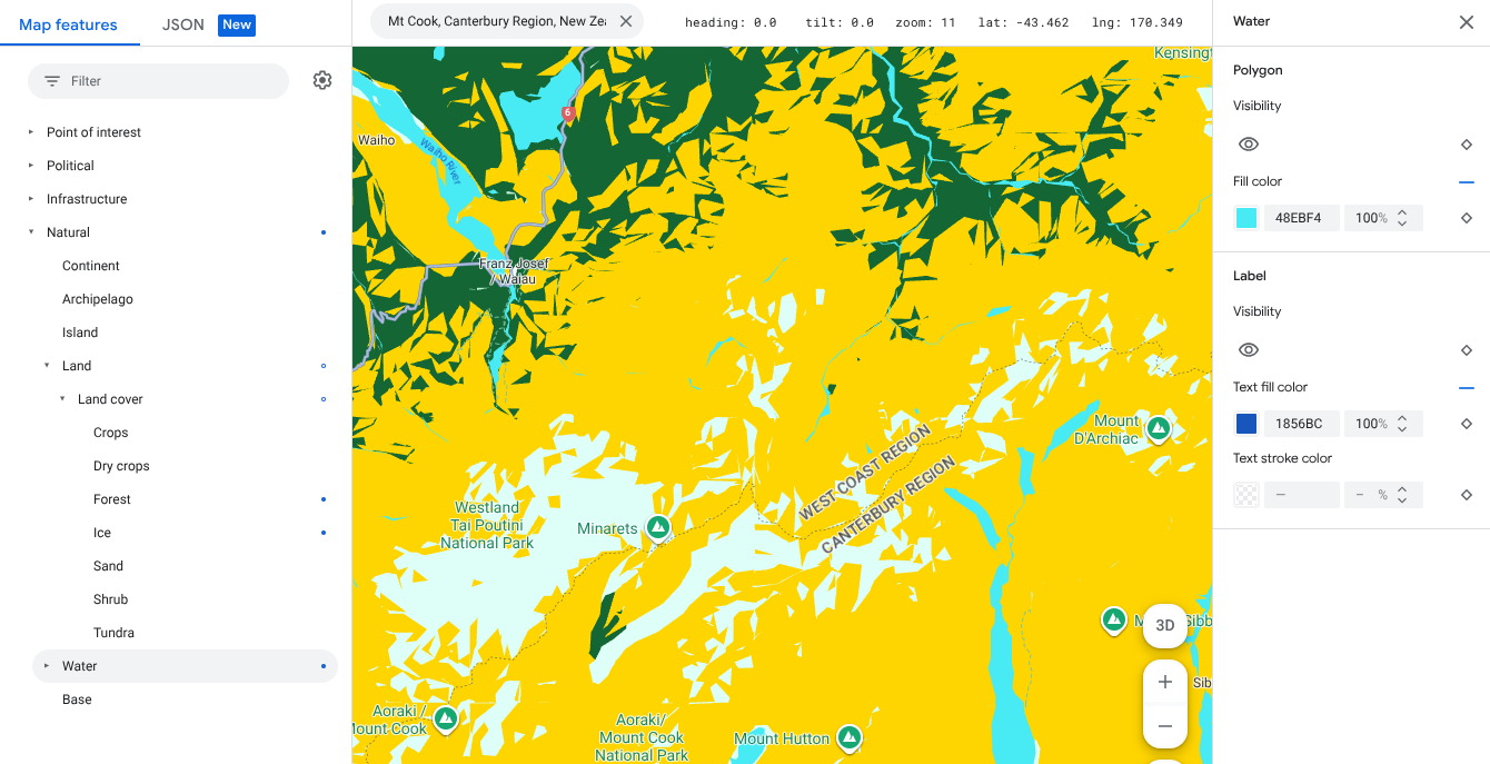 Map showing water map features are aqua