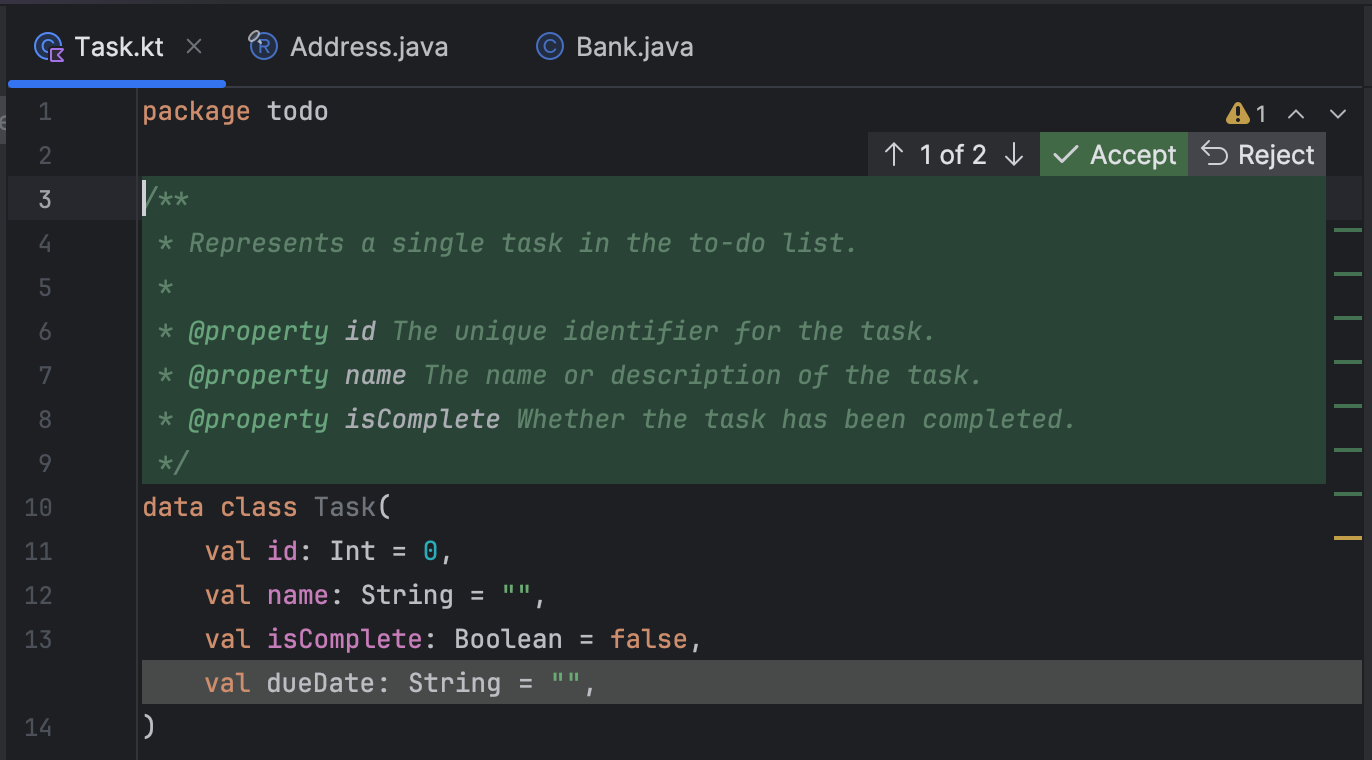Accept or reject suggested a single change in a file in IntelliJ Gemini Code Assist.