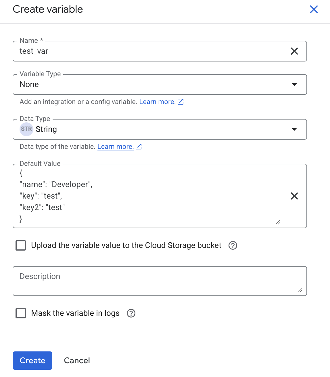 Create a string variable for the JSON payload