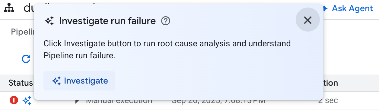Data pipeline interface showing an icon to 'Investigate' a failed run, prompting the Data Engineering Agent to diagnose errors.