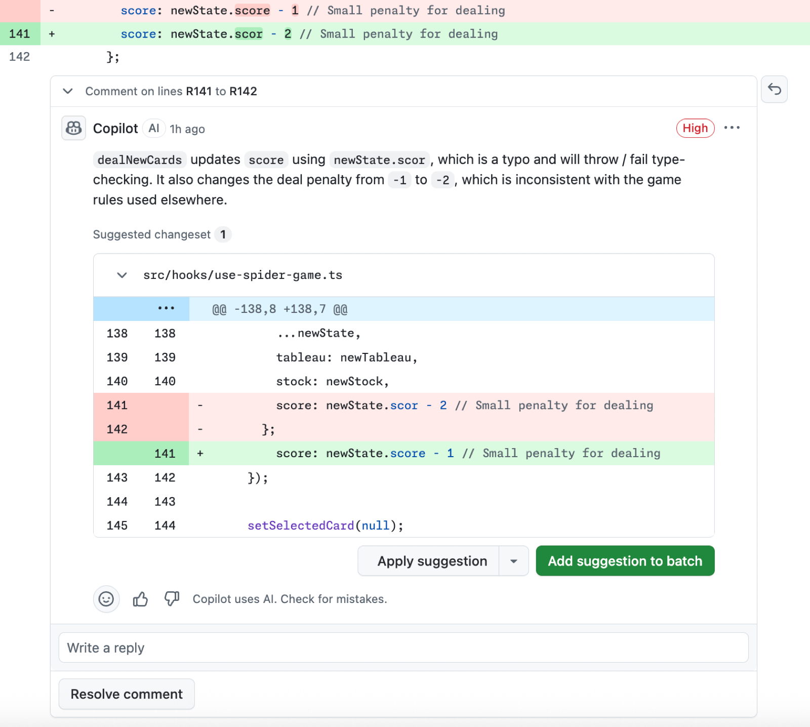 Screenshot einer Code-Review von Copilot.