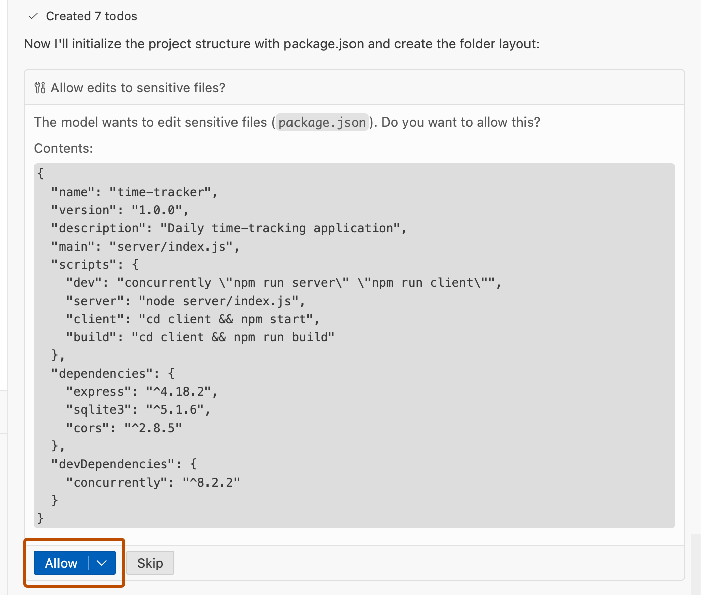 Screenshot von Copilot im VS Code mit der Anforderung der Berechtigung zum Bearbeiten einer vertraulichen Datei. Die Schaltfläche "Zulassen" ist hervorgehoben.