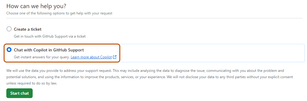 “‘我们能为您做些什么?’的截图” 表单。 “Chat with GitHub 支持中的Copilot”以橙色突出显示。