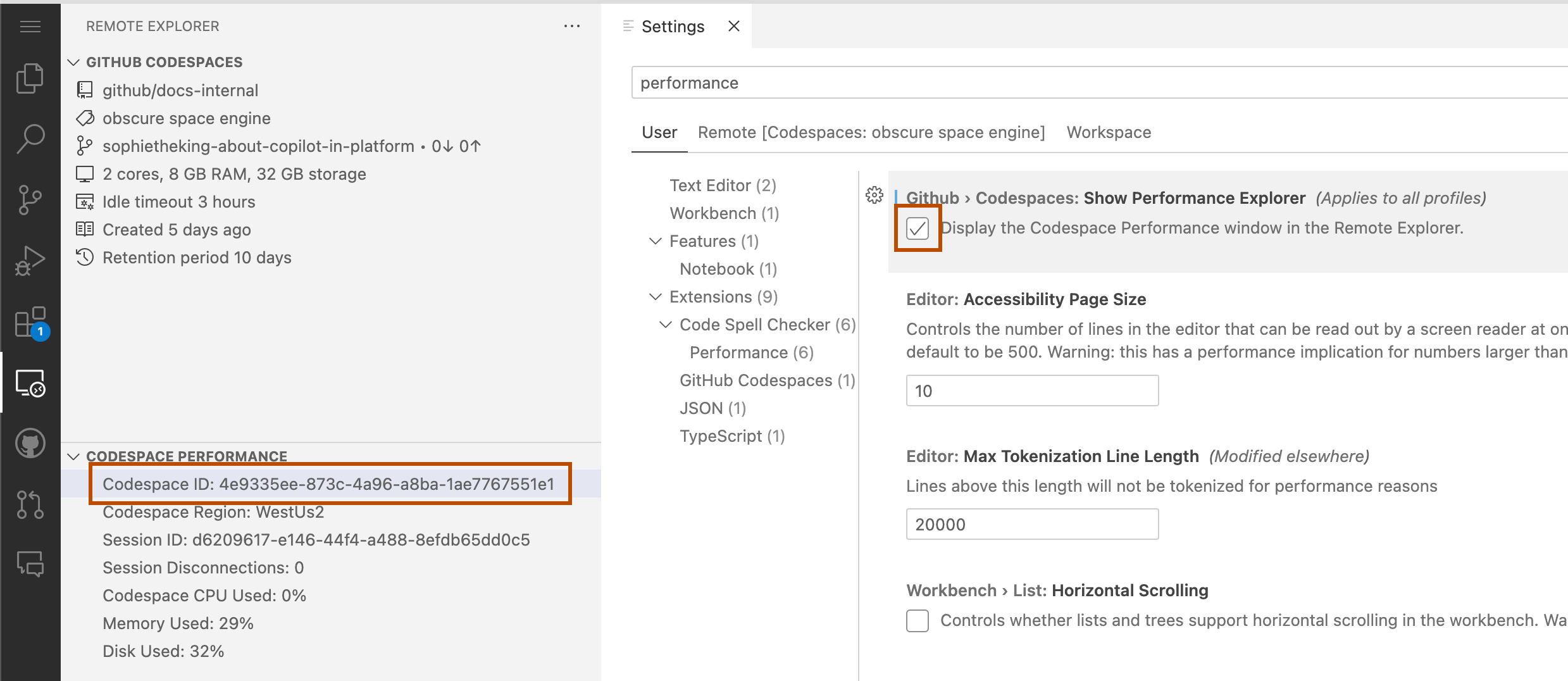 Captura de pantalla de la opción "Mostrar Explorador de rendimiento" seleccionada en la pestaña "Configuración" de VS Code y un ID de Codespace resaltado en la barra lateral de "Explorador remoto".
