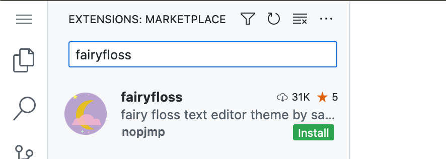 Captura de pantalla de "Extensiones: Marketplace". El cuadro de búsqueda muestra "fairyfloss". Los resultados muestran la extensión "fairyfloss" con un botón "Instalar".