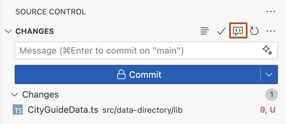 Screenshot der Ansicht „Source Control“ Die Schaltfläche „Code Review“ ist dunkelorange umrandet.