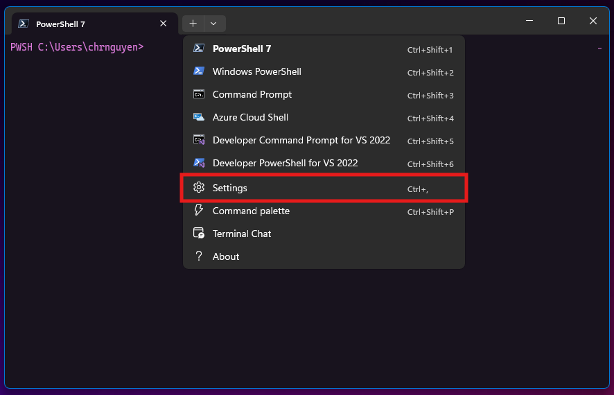 Снимок экрана: раскрывающееся меню в Windows Terminal с выделенным элементом "Параметры".