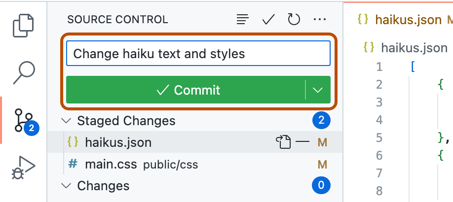 Captura de pantalla de la barra lateral "Control de código fuente". El mensaje de confirmación "Cambiar el texto y los estilos de haiku" y el botón "Confirmar" están resaltados en naranja.