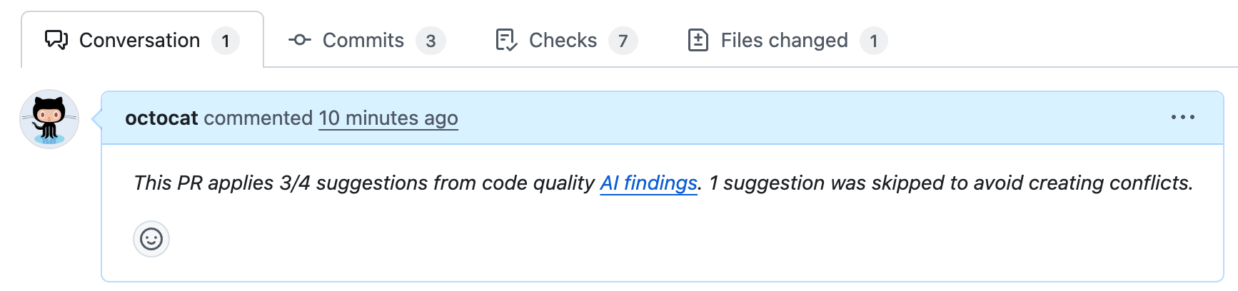 Скриншот сводки запроса на вытягивание, созданного GitHub Code Quality.