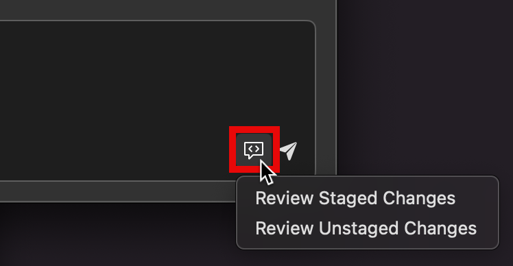 Screenshot: Chatfenster von Copilot in Xcode mit dunkelorange umrandeter Schaltfläche „Code Review“