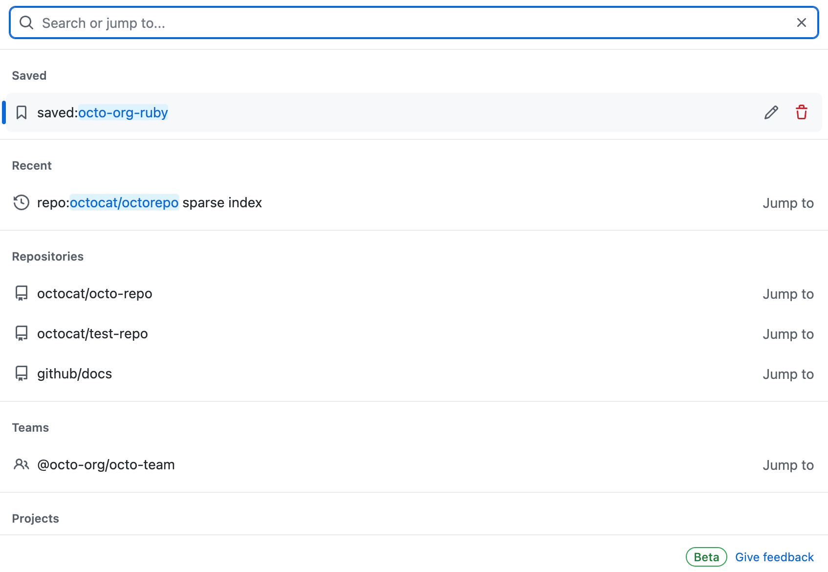 Снимок экрана: панель поиска GitHub. Существует список предложений поиска по категориям под строкой поиска.