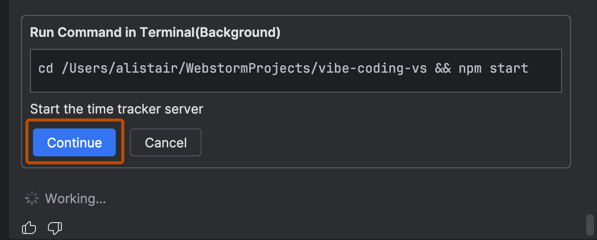 Screenshot von Copilot in JetBrains mit der Anforderung der Berechtigung zum Ausführen eines Befehls. Die Schaltfläche "Weiter" ist hervorgehoben.