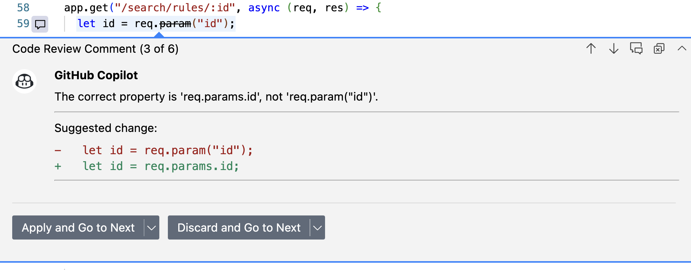 Screenshot eines Kommentars von Copilot in Visual Studio Code mit einer vorgeschlagenen Änderung