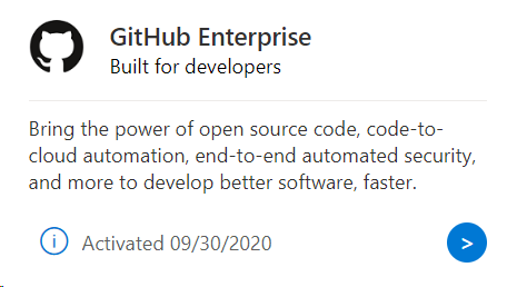 Screenshot of the benefit tile showing successful activation of GitHub. GitHub Enterprise activated