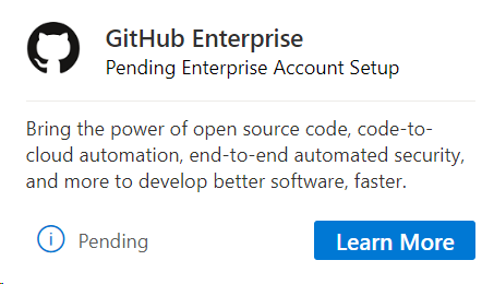 Screenshot of the pending enterprise account setup dialog. GitHub Enterprise pending Enterprise account setup