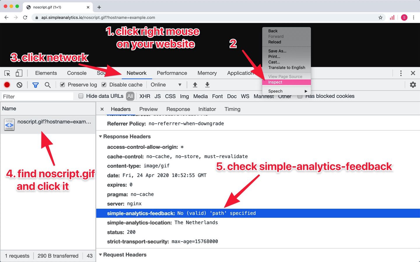 Validate pixel feedback in browser