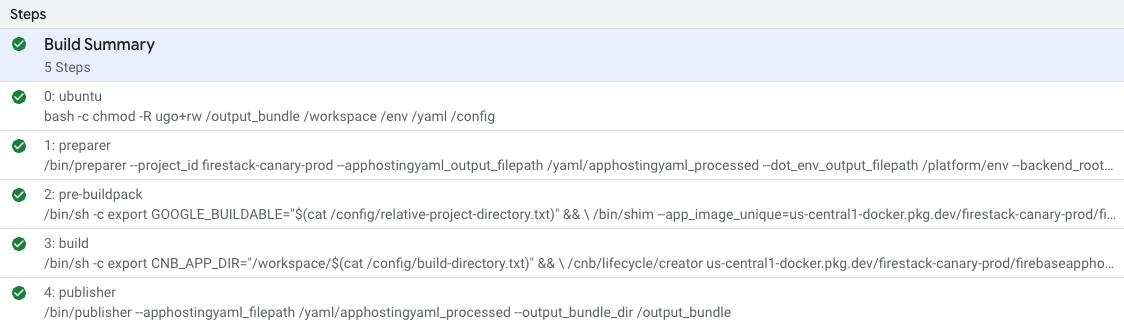 A screen capture of a Google Cloud console view of Cloud Build steps