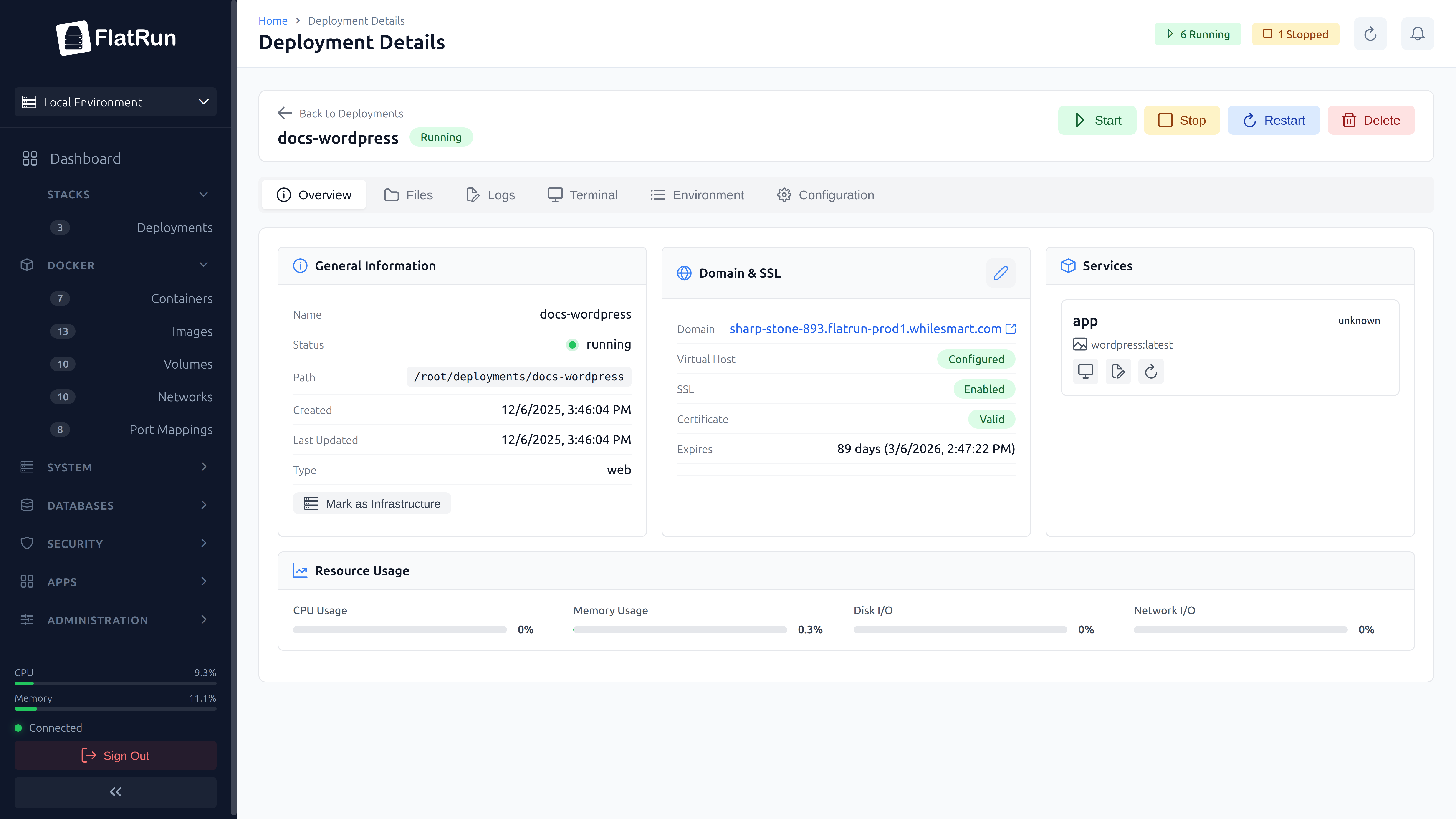 FlatRun deployment details with logs and shell access