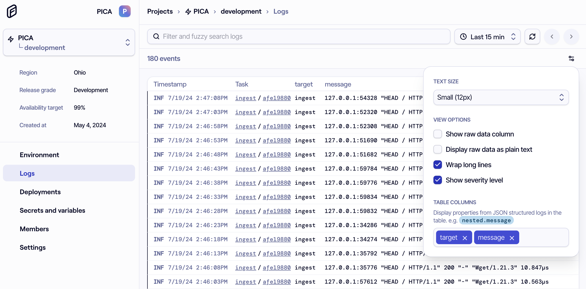 A screenshot of the logs dashboard