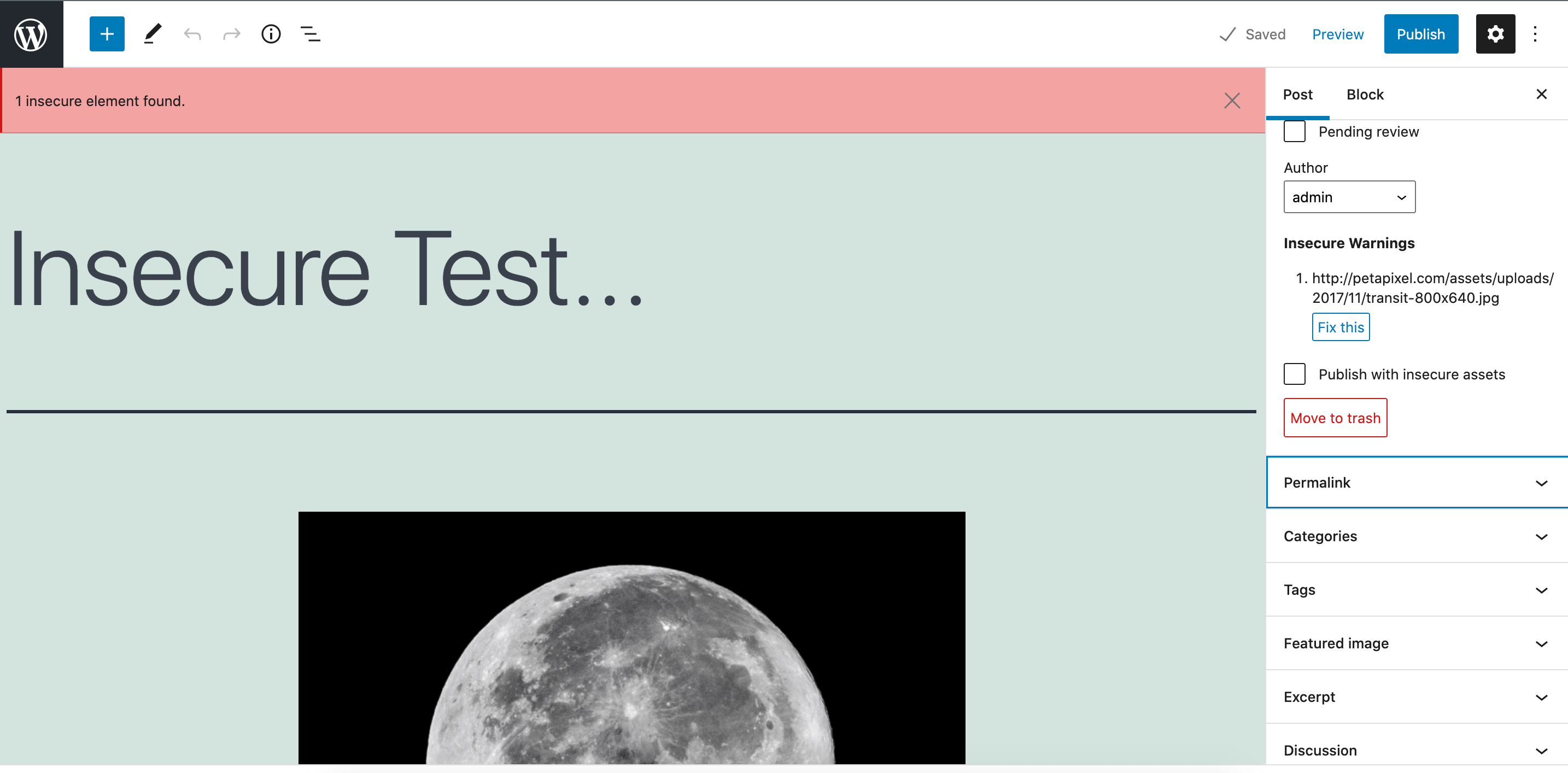 Example of attempting to publish a post with insecure content - block editor.