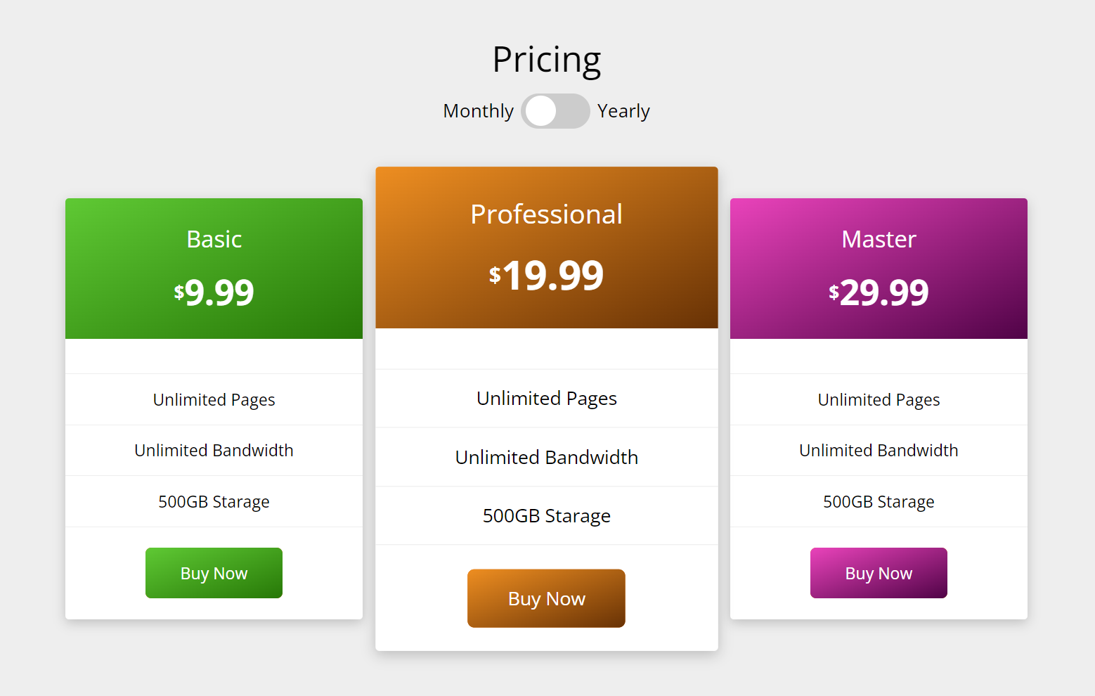 Pricing Table Output