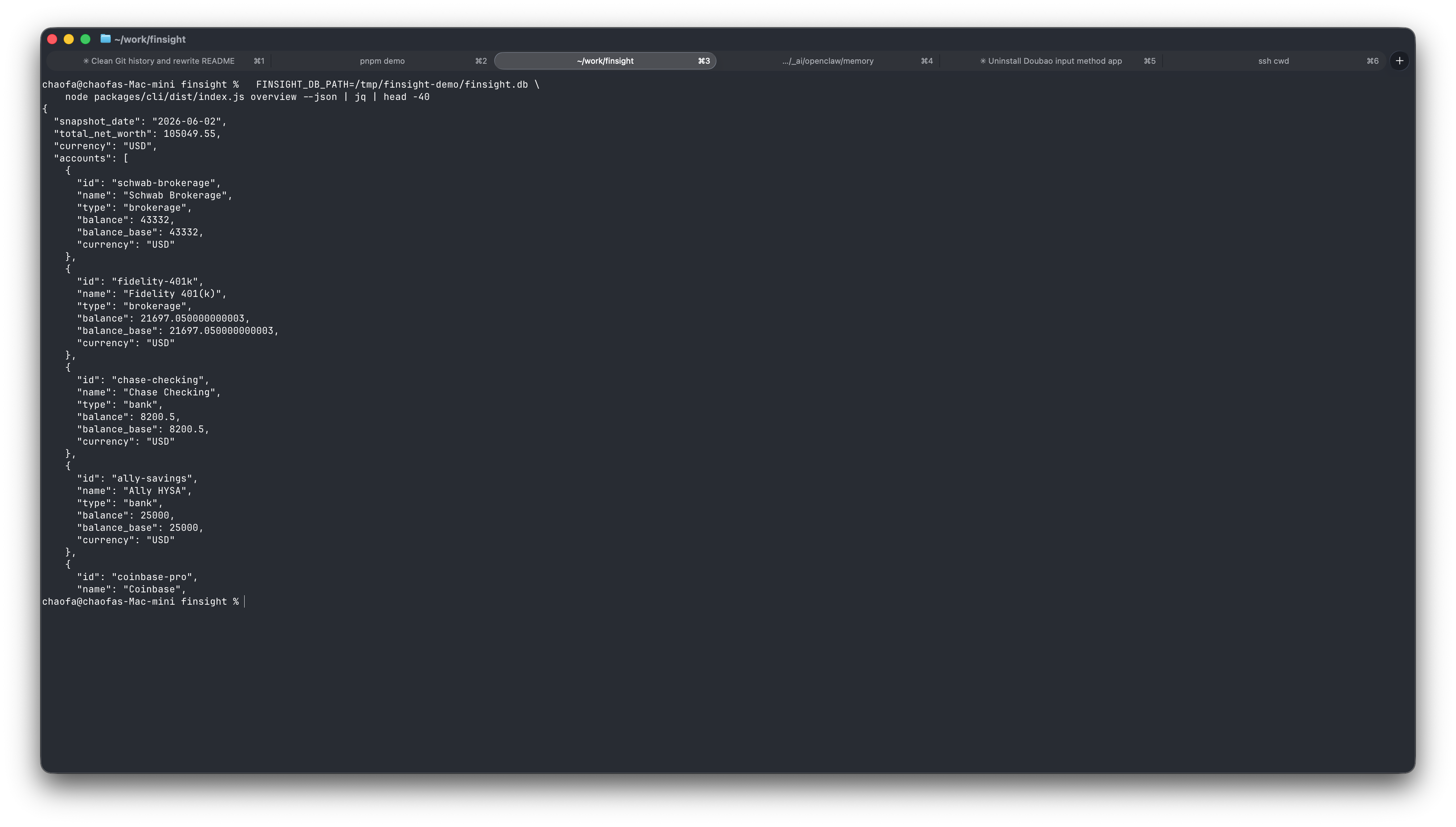 finsight overview --json — machine-readable output
