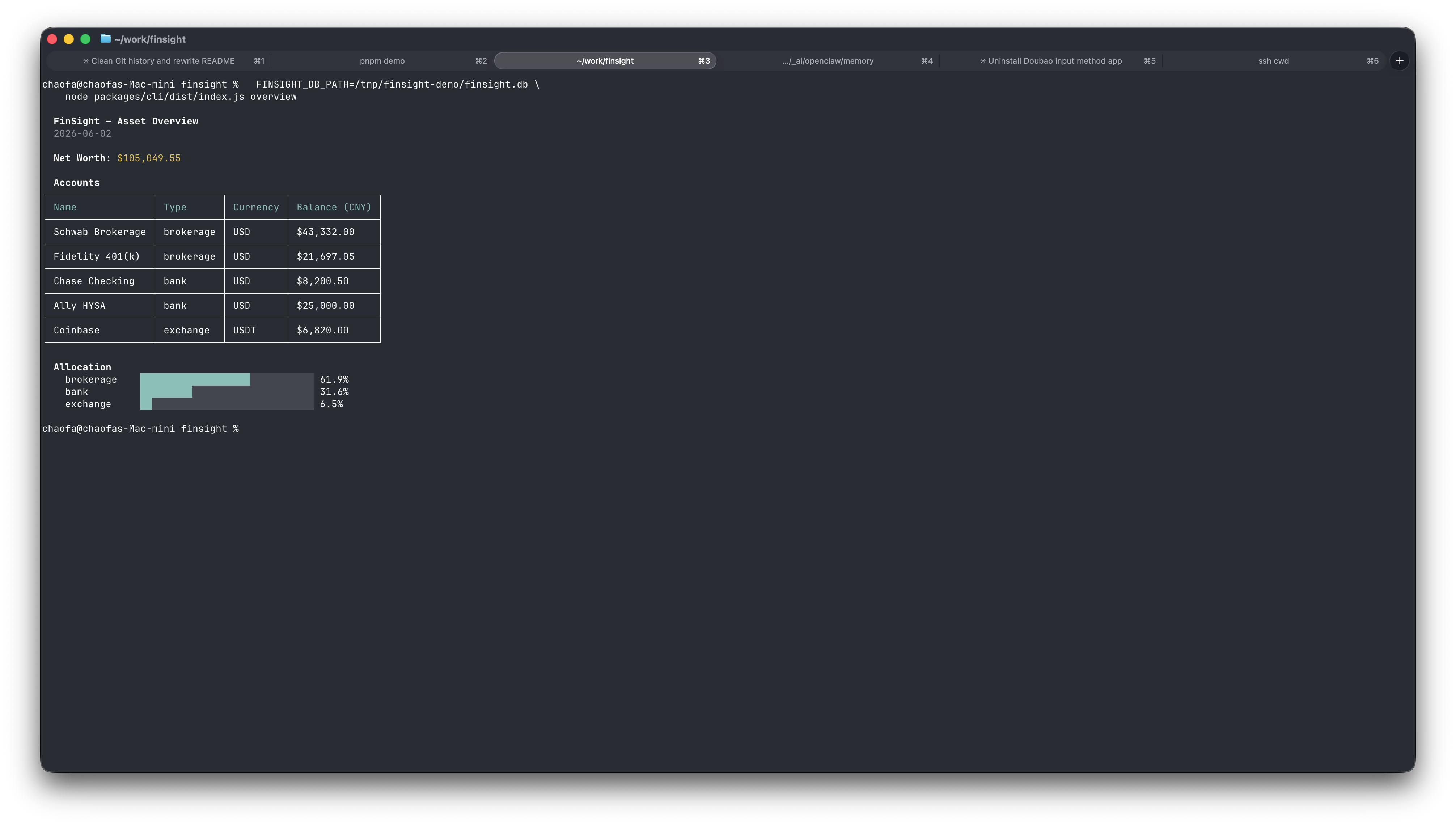 finsight overview — terminal output