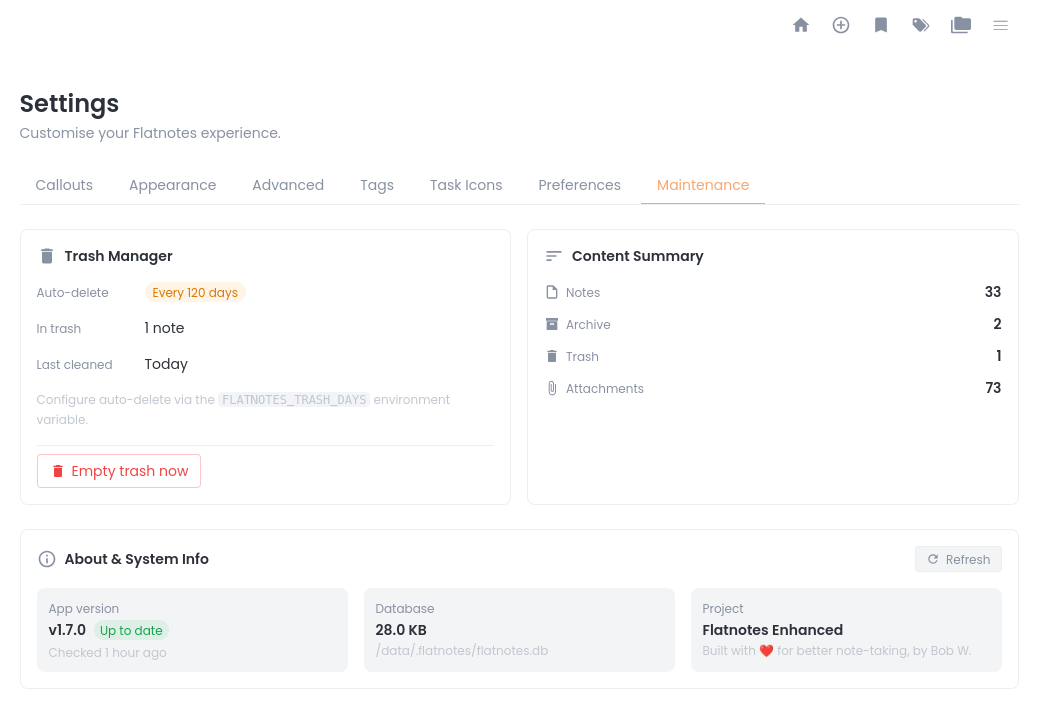 Settings - Maintenance