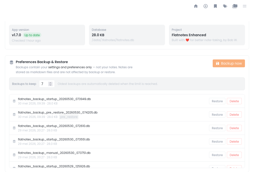 Settings - Maintenance Backup & Restore