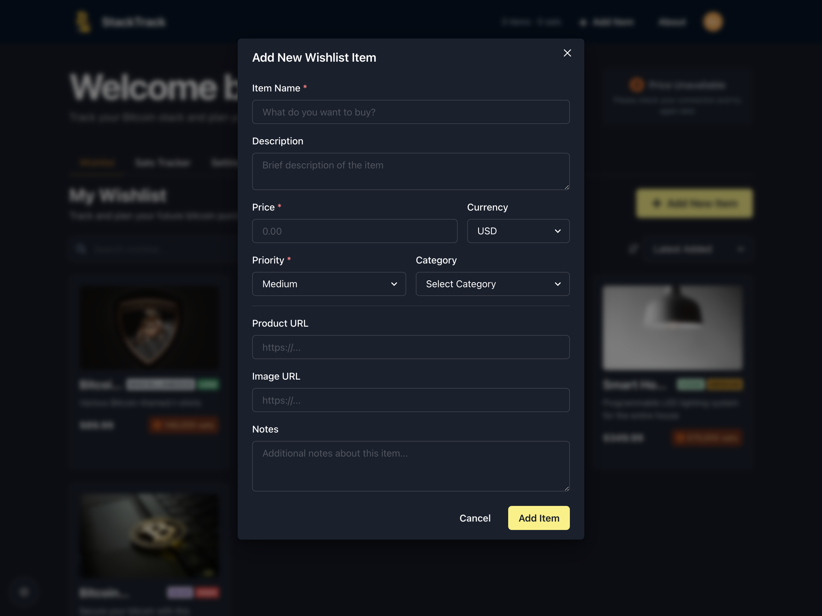Dashboard - Add Item Modal